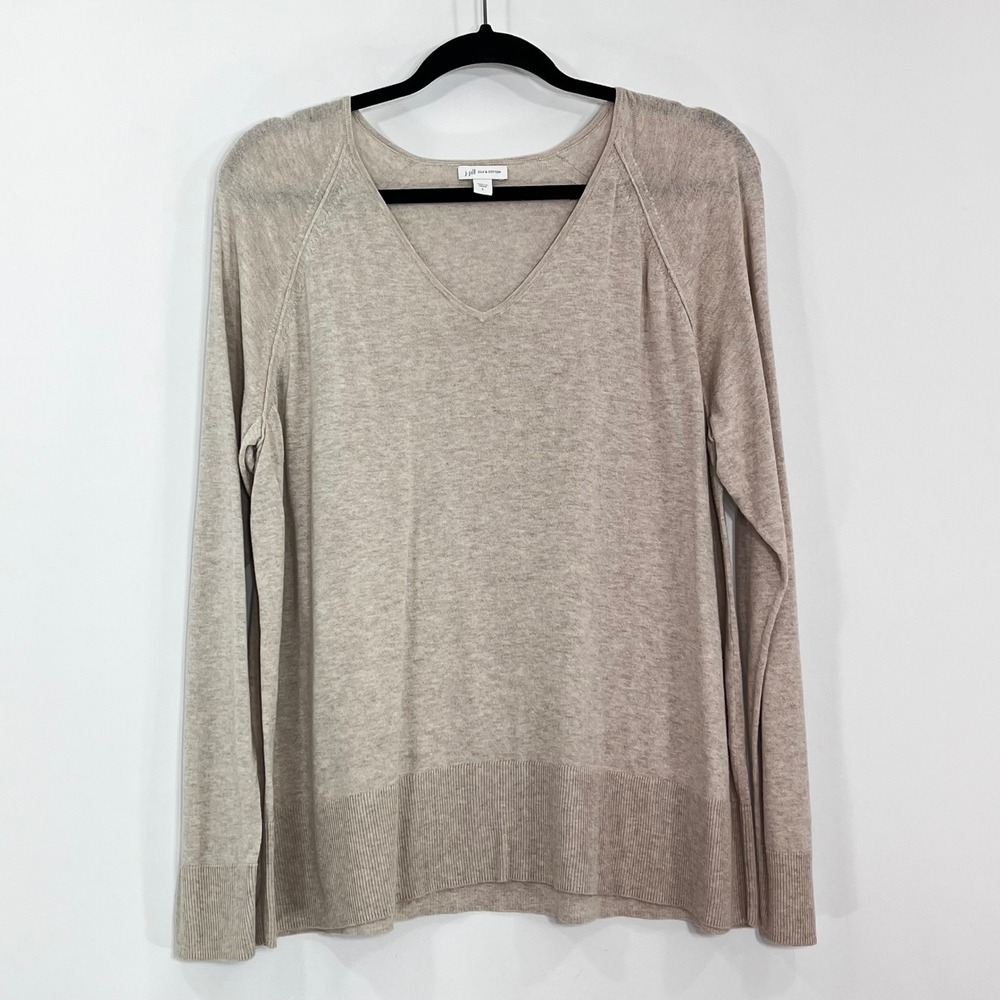 J. Jill Silk Cotton V-Neck Sweater Taupe Heather Raglan Long Sleeve Large